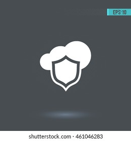 Shield vector icon. Cloud pictogram. Graphic symbol for web design, logo.  White glyph on a gray background. Isolated sign.