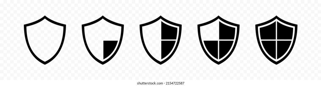 Shield vector icon set. Different shields shapes.Flat black isolated shields. Black security icon. Protection symbol. Security logo.Vector graphic. EPS 10