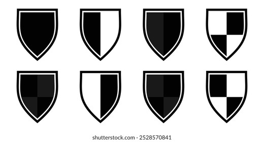 Shield vector icon set. Different shields shapes. Flat black isolated shields. Black security icon. Protection symbol. Security logo. Vector graphic illustration. EPS 10
