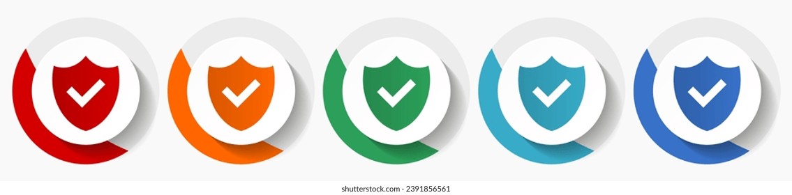 Shield vector icon set, flat design colorful round icons in 5 color options for webdesign and mobile applications