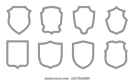 Shield vector icon set. Vintage outline frame. Emblem of privacy, secure and defense. Insurance, guarantee logo. Antivirus sign.