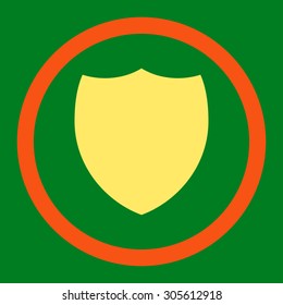Shield vector icon. This rounded flat symbol is drawn with orange and yellow colors on a green background.