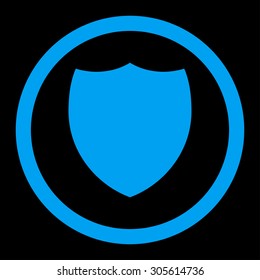 Shield vector icon. This rounded flat symbol is drawn with blue color on a black background.