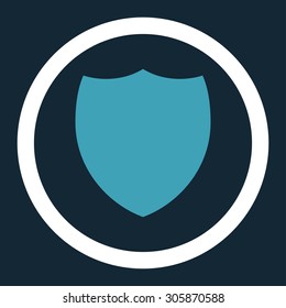 Shield vector icon. This rounded flat symbol is drawn with blue and white colors on a dark blue background.