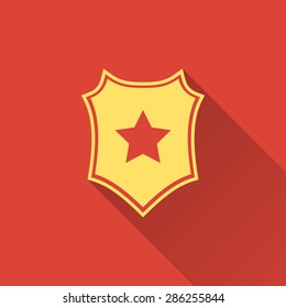 Shield - vector icon in yellow on a red background.