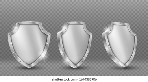 Shield vector icons set, gold medieval knight ammo, guard with engraved border, award trophy, military armor front side view isolated on black background with reflection, realistic 3d clipart