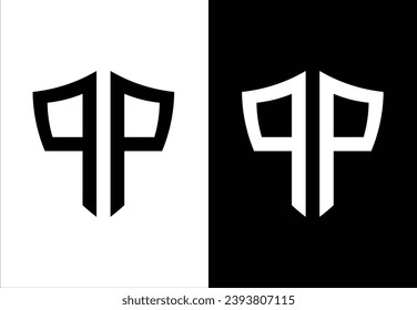 THE SHIELD VECTOR MONOGRAM DESIGN IS SHAPED BY THE LETTER "P" AND HAS A BLACK AND WHITE BACKGROUND.