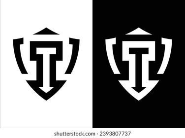 THE SHIELD VECTOR MONOGRAM DESIGN IS SHAPED BY THE LETTER "I" AND HAS A BLACK AND WHITE BACKGROUND.