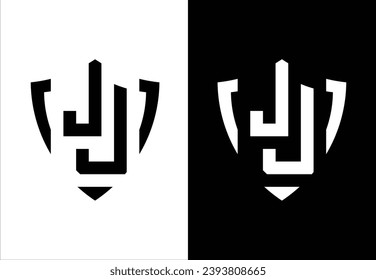 THE SHIELD VECTOR MONOGRAM DESIGN IS SHAPED BY THE LETTER "J" AND HAS A BLACK AND WHITE BACKGROUND.