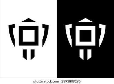 THE SHIELD VECTOR MONOGRAM DESIGN IS SHAPED BY THE LETTER "O" AND HAS A BLACK AND WHITE BACKGROUND.