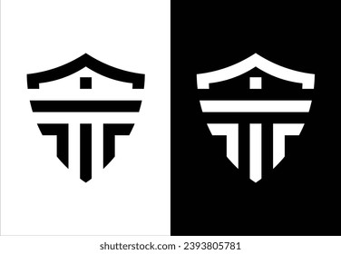 THE SHIELD VECTOR MONOGRAM DESIGN IS "T" SHAPED AND HAS A BLACK AND WHITE BACKGROUND.