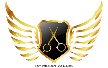 Shield vector with scissors and wings for barbershop.