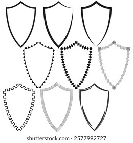 Shield vector template. Decorative shield collection. Black and white design. Outlined shape illustration.