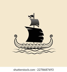 shield with Viking ship sail on the sea. Vector illustration.