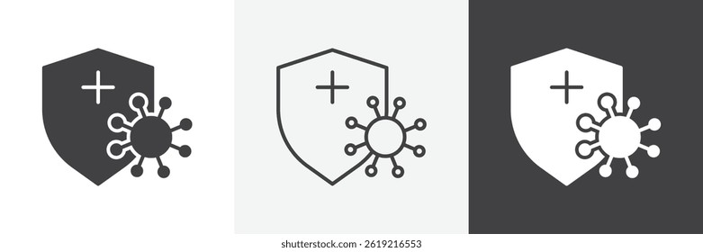 Conjunto de iconos de vectores planos y de línea de virus de escudo