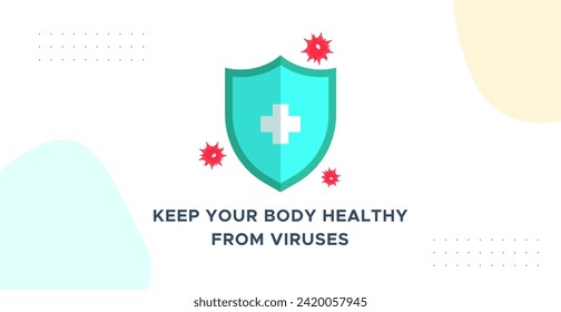 Shield and virus. Human body defense. Banner about keeping your body healthy from dangerous viruses. body protection