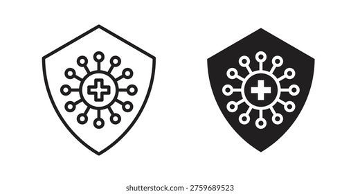 Shield virus icon set in flat and line style vectors