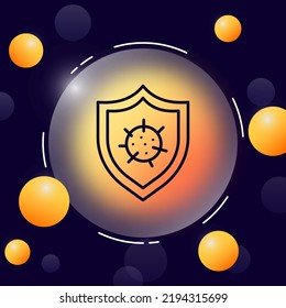 Shield with virus line icon. Protect immunity from viruses, germs, illness, treatment, antiviral drug, prescription, vaccination, covid 19, vitamin. Healthcare concept. Glassmorphism. Vector line icon