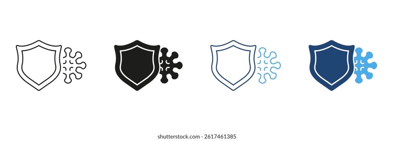 Shield And Virus Line and Silhouette Icon Set. Immune Defense And Health Protection Against Diseases And Infections Symbol. Editable Stroke. Isolated Vector Illustration.