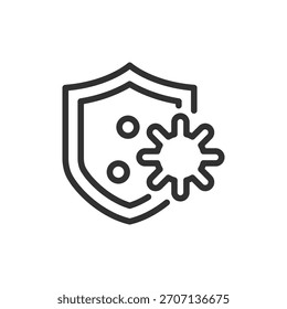 Escudo com vírus, ícone linear. Defesa imunitária e proteção contra vacinação. Linha com traçado editável.