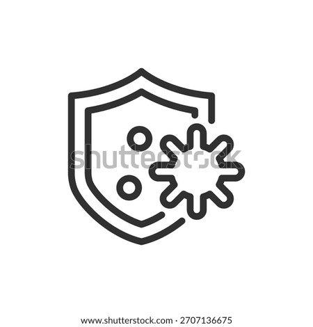 Shield with virus, linear icon. Immune defense and vaccination protection. Line with editable stroke.
