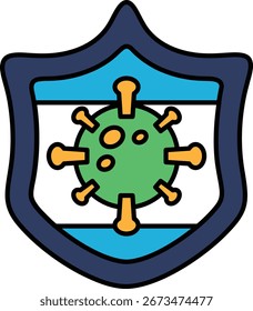 A shield with a virus on it. The shield is black and white. The virus is small and has a lot of spikes