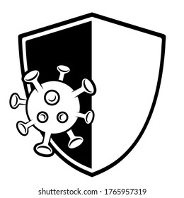 Shield from virus outbreak. Knight shield to protect from virus pathogens. Stop coronavirus. Virus covid-19 cell icon. 