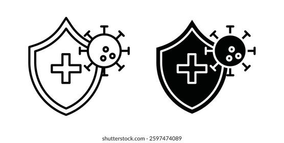 Shield virus vector icon set black filled and outlined style.