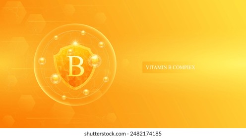 Schild Vitamin B-Komplex in Kuppel mit orangefarbenen Atom um. Schützen und bauen Sie eine gesunde Immunität auf. Medizinische wissenschaftliche Konzepte. Banner Vektorillustration.