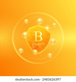 Shield vitamin B complex in dome with orange atom around. Protect and build immunity healthy. Medical scientific concepts. Banner vector illustration.