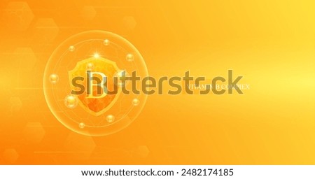 Shield vitamin B complex in dome with orange atom around. Protect and build immunity healthy. Medical scientific concepts. Banner vector illustration.