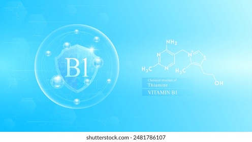 Protege la vitamina B1 en la cúpula con el átomo azul alrededor. Estructura química de la tiamina. Proteger y construir inmunidad saludable. Conceptos científicos médicos. Anuncio Ilustración vectorial.