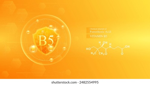 Shield vitamin B5 in dome with orange atom around and chemical structure of Pantothenic Acid. Protect and build immunity healthy. Medical scientific concepts. Banner vector illustration.