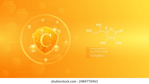 Shield vitamin C in dome with orange atom around and chemical structure of Ascorbic Acid. Protect and build immunity healthy. Medical scientific concepts. Banner vector illustration.