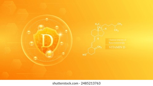 Shield vitamin D in dome with orange atom around and chemical structure of Secosteroids. Protect and build immunity healthy. Medical scientific concepts. Banner vector illustration.