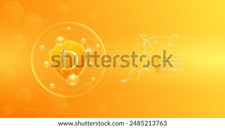 Shield vitamin D in dome with orange atom around and chemical structure of Secosteroids. Protect and build immunity healthy. Medical scientific concepts. Banner vector illustration.