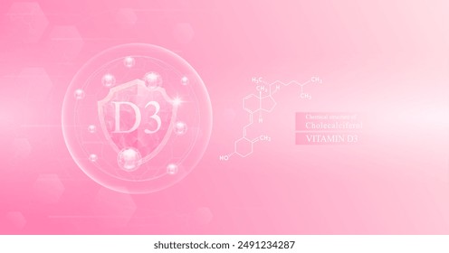 Shield vitamin D3 in dome with pink atom around and Chemical structure. Protect and build immunity healthy. Medical scientific concepts. Banner vector illustration.
