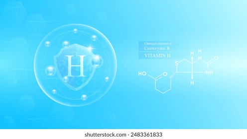 Shield vitamin H in dome with blue atom around. Chemical structure of Coenzyme R. Protect and build immunity healthy. Medical scientific concepts. Banner vector illustration.