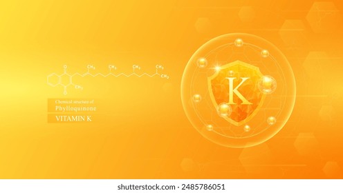 Shield vitamin K in dome with orange atom around and chemical structure. Protect and build immunity healthy. Medical scientific concepts. Banner vector illustration.