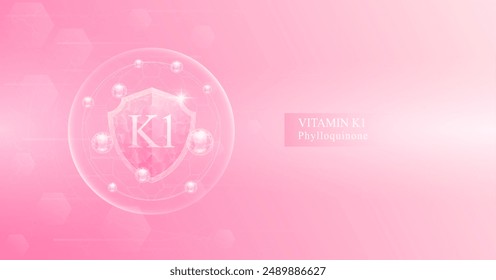 Shield vitamin K1 in dome with pink atom around. Protect and build immunity healthy. Medical scientific concepts. Banner vector illustration.