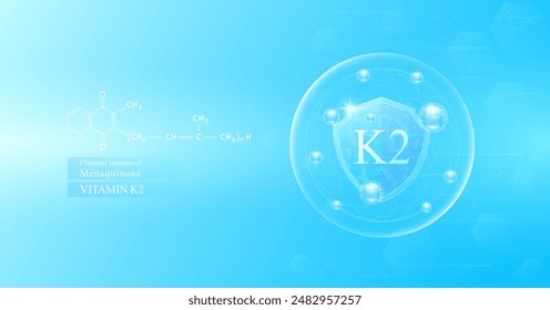 Shield vitamin K2 in dome with blue atom around and chemical structure. Protect and build immunity healthy. Medical scientific concepts. Banner vector illustration.