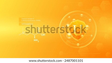 Shield vitamin U in dome with orange atom around and chemical structure. Protect and build immunity healthy. Medical scientific concepts. Banner vector illustration.