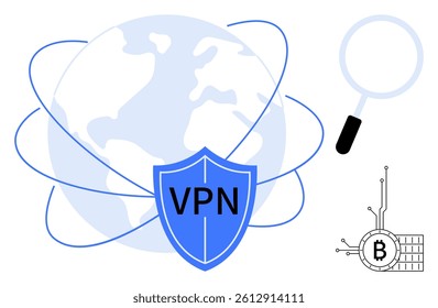 A shield with VPN letters in front of a globe with orbiting blue lines shows connectivity. It also includes a magnifying glass and a blockchain symbol. Ideal for cybersecurity, digital privacy