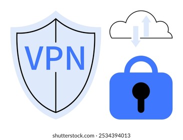 Escudo con texto VPN, nube con flechas que indican la transferencia de archivos y un símbolo de candado azul. Ideal para temas de seguridad de datos, privacidad, seguridad de Internet, almacenamiento en la nube y protección digital