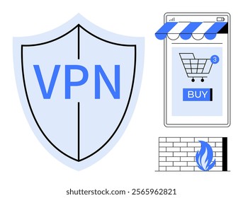 Shield with VPN text, smartphone with an online store and shopping cart, firewall icon. Ideal for cybersecurity, online shopping, internet safety, data encryption, privacy protection. Modern flat
