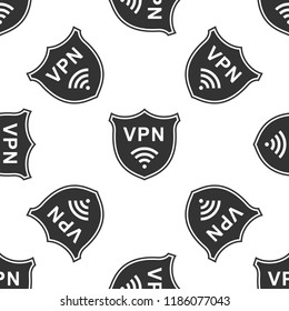 Shield with VPN and WiFi wireless internet network symbol icon seamless pattern on white background. VPN protect safety concept. Virtual private network for security. Flat design. Vector Illustration