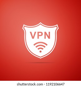 Shield with VPN and WiFi wireless internet network symbol icon isolated on red background. VPN protect safety concept. Virtual private network for security. Flat design. Vector Illustration
