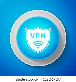 Shield with VPN and WiFi wireless internet network symbol icon isolated on blue background. VPN protect safety concept. Virtual private network for security. Circle blue button. Vector Illustration