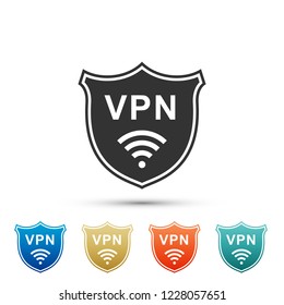 Shield with VPN and WiFi wireless internet network symbol icon isolated on white background. VPN protect safety concept. Virtual private network for security. Flat design. Vector Illustration