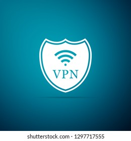 Shield with VPN and WiFi wireless internet network symbol icon isolated on blue background. VPN protect safety concept. Virtual private network for security. Flat design. Vector Illustration
